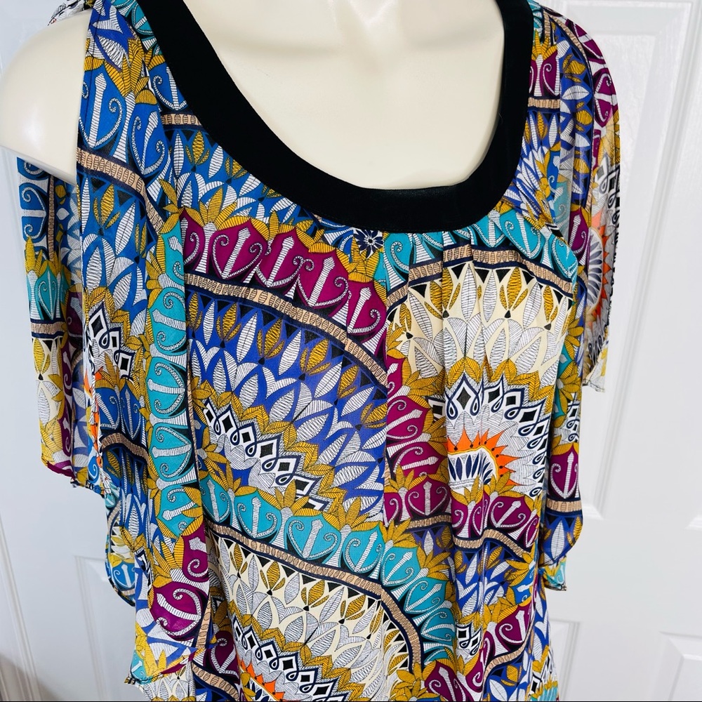 NICOLE MILLER dress blouse vibrant belted top Flowy boho sleeveless black XS - Picture 6 of 10